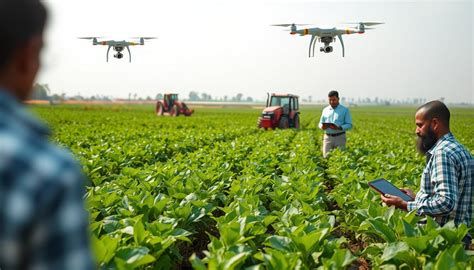 A certified agronomist with a tablet alongside crop-monitoring drones over a green field.