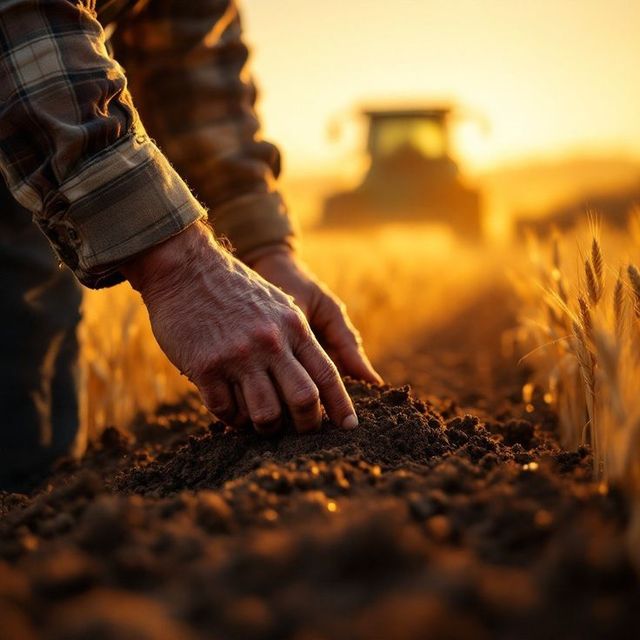 A hand sifting soil at sunset, tractor in the distance — formulations designed for the field they're going into.