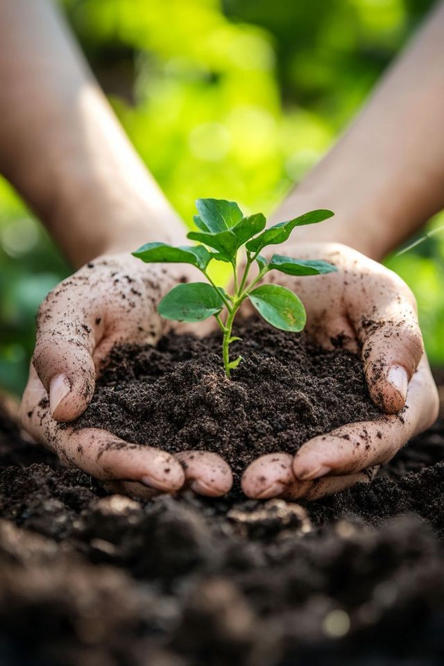 Hands cradling soil with a single seedling — the biology that powers every Paramverse Bio product.