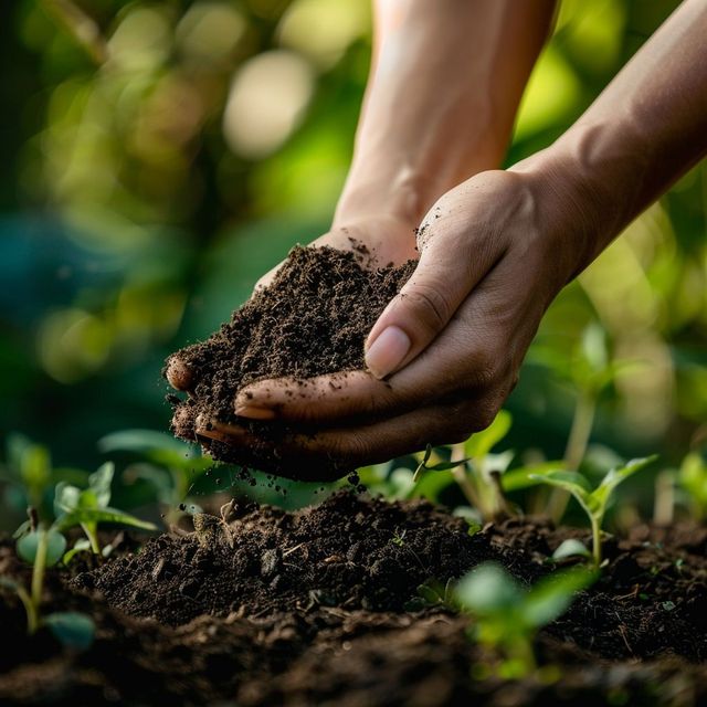 Hands cradling dark soil with green seedlings — where biology begins, before it reaches the field.